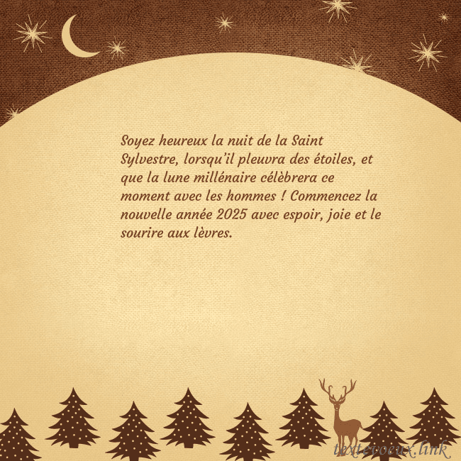 Carte postale marron avec étoiles et lune Soyez heureux la nuit de la Saint Sylvestre, lorsq Carte postale marron avec étoiles et lune