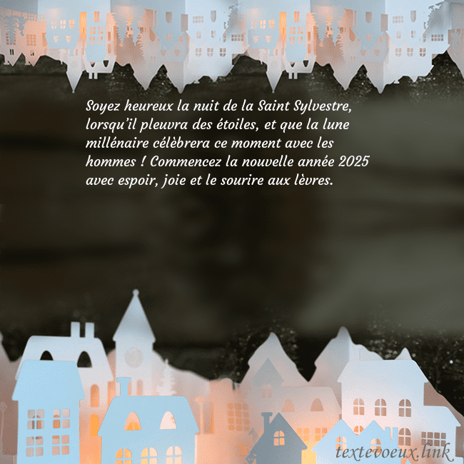 Carte postale du Nouvel An avec une ville rayonnante Soyez heureux la nuit de la Saint Sylvestre, lorsq Carte postale du Nouvel An avec une ville rayonnante