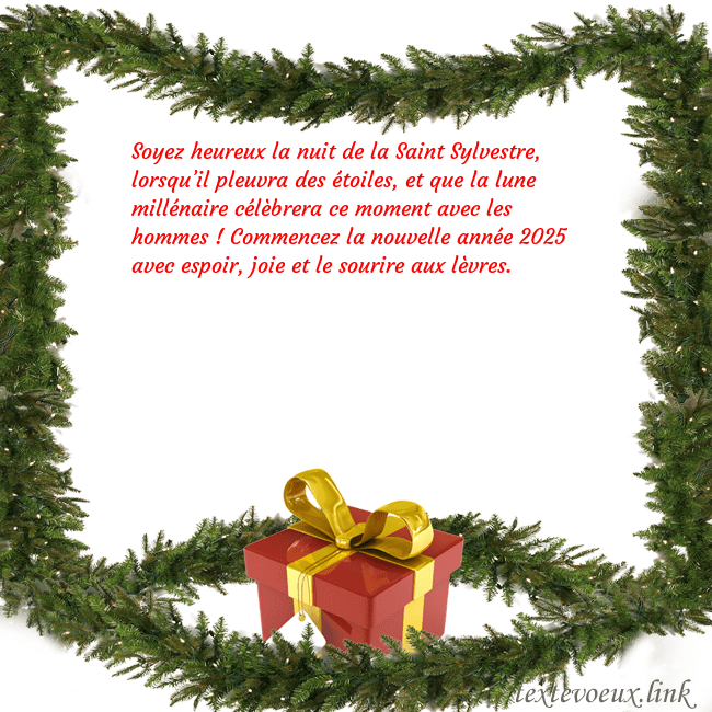 Carte postale avec des branches d'épinette et un cadeau Soyez heureux la nuit de la Saint Sylvestre, lorsq Carte postale avec des branches d'épinette et un cadeau