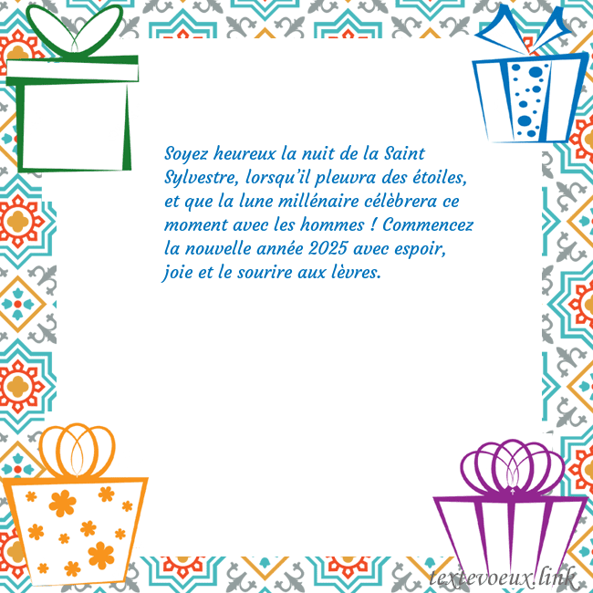 Carte postale avec des cadeaux Soyez heureux la nuit de la Saint Sylvestre, lorsq Carte postale avec des cadeaux