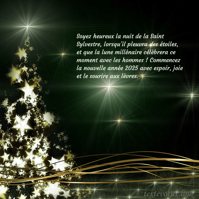 Une carte de Noël verte avec un sapin de Noël scintillant d'or Soyez heureux la nuit de la Saint Sylvestre, lorsq Une carte de Noël verte avec un sapin de Noël scintillant d'or