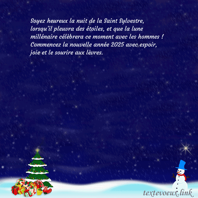 Carte postale avec le Père Noël, l'arbre de Noël et les cadeaux Soyez heureux la nuit de la Saint Sylvestre, lorsq Carte postale avec le Père Noël, l'arbre de Noël et les cadeaux