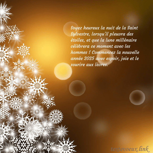 Carte postale avec un sapin de Noël fait de flocons de neige Soyez heureux la nuit de la Saint Sylvestre, lorsq Carte postale avec un sapin de Noël fait de flocons de neige