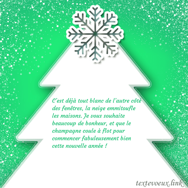 Carte postale avec un grand sapin de Noël blanc sur fond vert C’est déjà tout blanc de l’autre côté des fenêtres Carte postale avec un grand sapin de Noël blanc sur fond vert