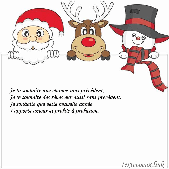 Carte de vœux avec le père Noël, le cerf et le bonhomme de neige Je te souhaite une chance sans précédent,
Je te so Carte de vœux avec le père Noël, le cerf et le bonhomme de neige