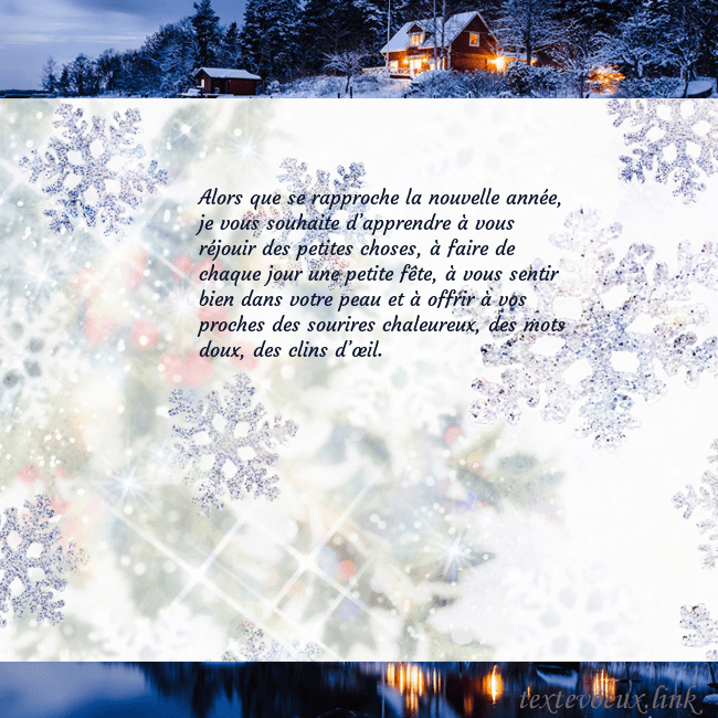Carte postale avec village et flocons de neige Alors que se rapproche la nouvelle année, je vous Carte postale avec village et flocons de neige