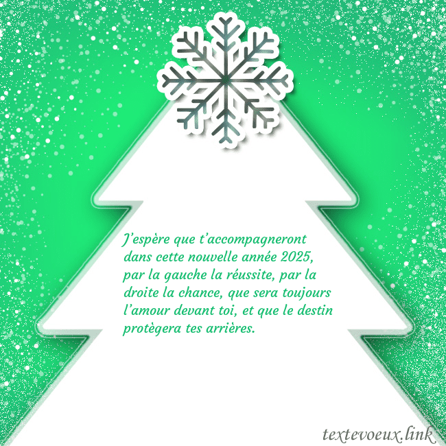 Carte postale avec un grand sapin de Noël blanc sur fond vert J’espère que t’accompagneront dans cette nouvelle Carte postale avec un grand sapin de Noël blanc sur fond vert