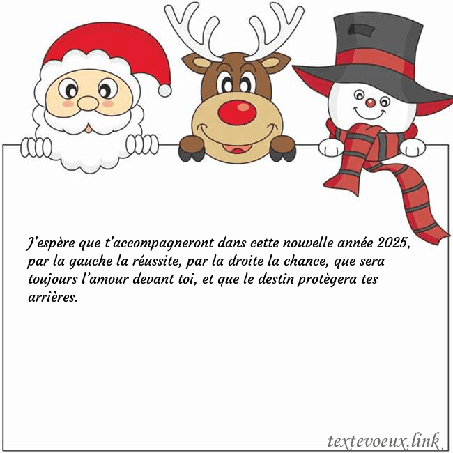 Carte de vœux avec le père Noël, le cerf et le bonhomme de neige J’espère que t’accompagneront dans cette nouvelle Carte de vœux avec le père Noël, le cerf et le bonhomme de neige