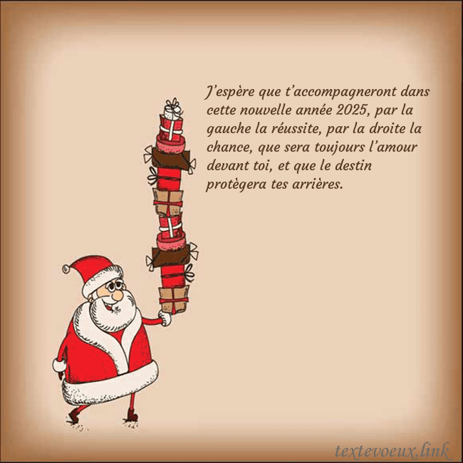 Carte de vœux avec le Père Noël et les cadeaux J’espère que t’accompagneront dans cette nouvelle Carte de vœux avec le Père Noël et les cadeaux
