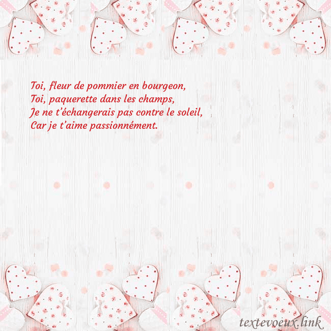 Carte de vœux avec coeurs blancs Toi, fleur de pommier en bourgeon,
Toi, paquerette Carte de vœux avec coeurs blancs