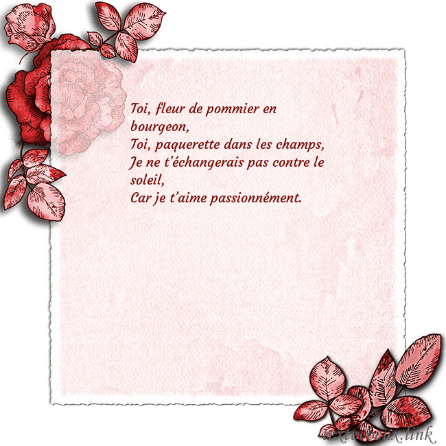 Carte de voeux avec des roses dans les coins Toi, fleur de pommier en bourgeon,
Toi, paquerette Carte de voeux avec des roses dans les coins