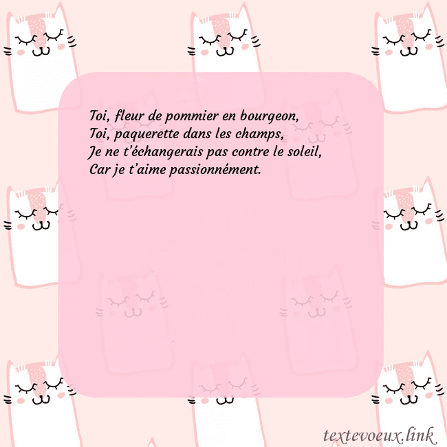 Carte de voeux rose avec des chats drôles Toi, fleur de pommier en bourgeon,
Toi, paquerette Carte de voeux rose avec des chats drôles