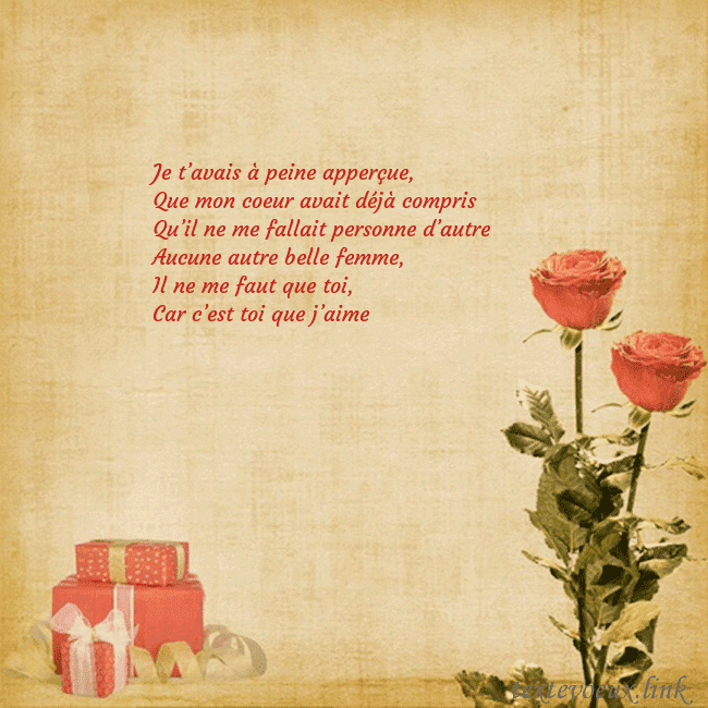 Carte de vœux avec roses et cadeaux Je t’avais à peine apperçue,
Que mon coeur avait d Carte de vœux avec roses et cadeaux