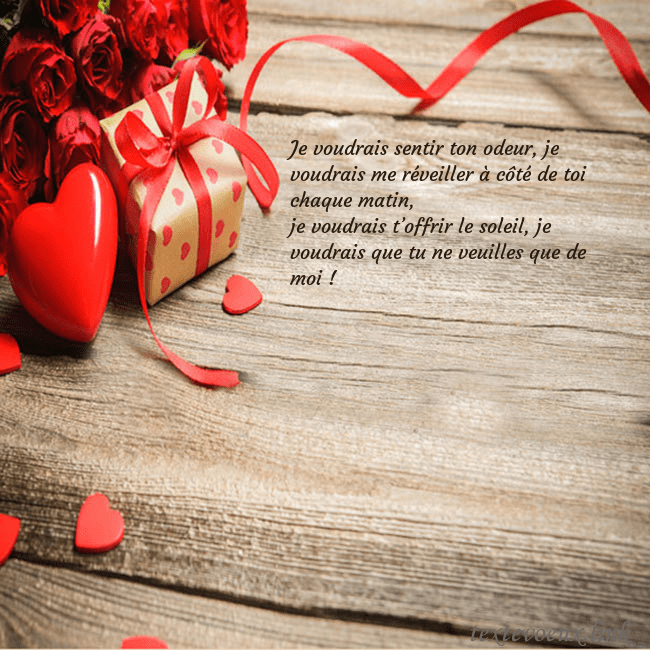 Carte de vœux avec coeur rouge et cadeau Je voudrais sentir ton odeur, je voudrais me révei Carte de vœux avec coeur rouge et cadeau