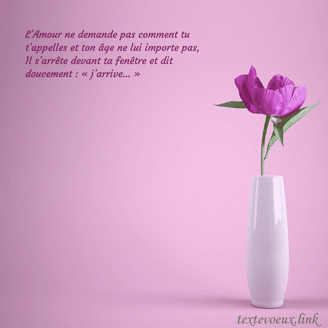 Carte postale électronique avec une pivoine dans un vase L’Amour ne demande pas comment tu t’appelles et to Carte postale électronique avec une pivoine dans un vase