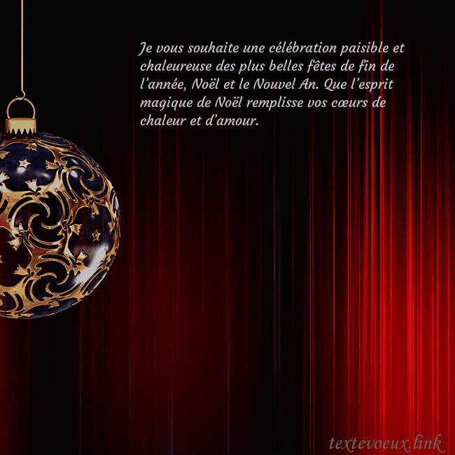 Carte de Noël rouge avec un luxueux jouet d'arbre de Noël Je vous souhaite une célébration paisible et chale Carte de Noël rouge avec un luxueux jouet d'arbre de Noël