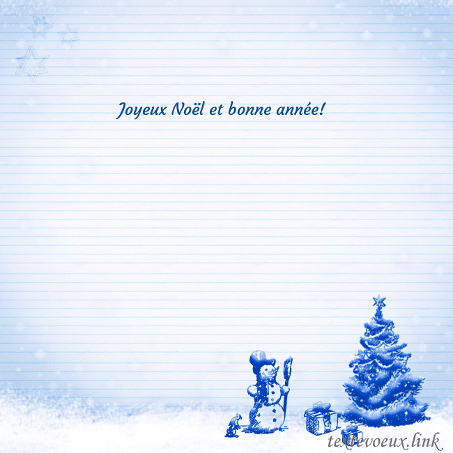 Carte postale du Nouvel An avec un arbre de Noël bleu et un bonhomme de neige