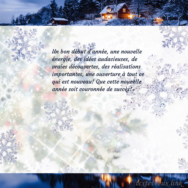 Carte postale avec village et flocons de neige Un bon début d’année, une nouvelle énergie, des id Carte postale avec village et flocons de neige
