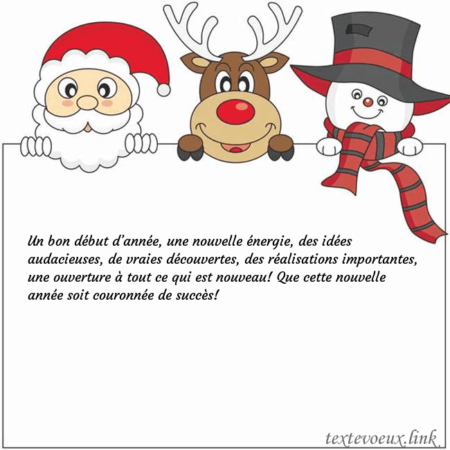 Carte de vœux avec le père Noël, le cerf et le bonhomme de neige Un bon début d’année, une nouvelle énergie, des id Carte de vœux avec le père Noël, le cerf et le bonhomme de neige