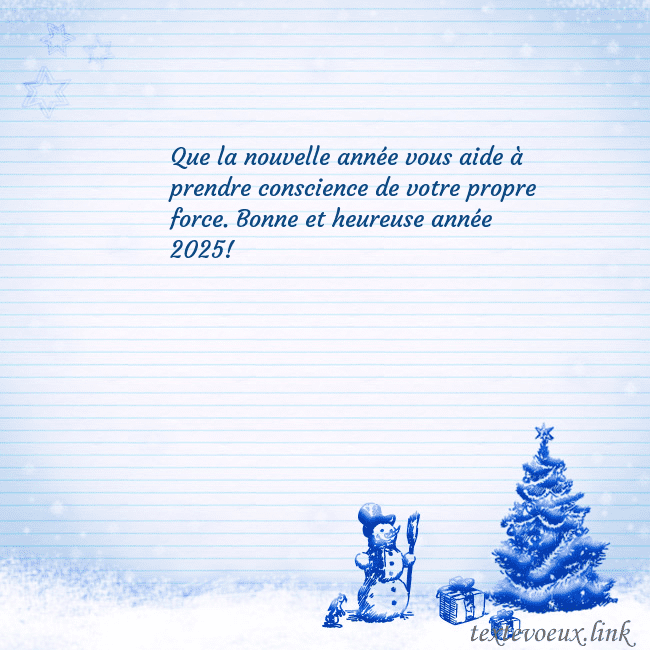 Carte postale du Nouvel An avec un arbre de Noël bleu et un bonhomme de neige