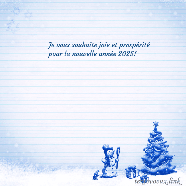 Carte postale du Nouvel An avec un arbre de Noël bleu et un bonhomme de neige