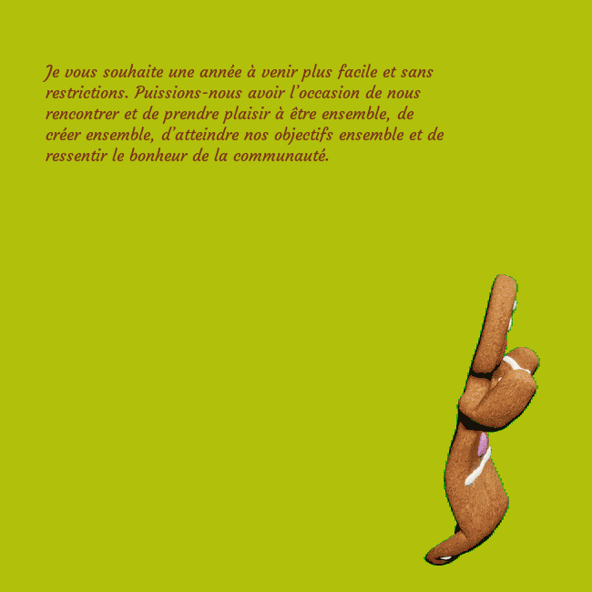 Carte de voeux animée électronique avec pain d'épice dansant Je vous souhaite une année à venir plus facile et Carte de voeux animée électronique avec pain d'épice dansant