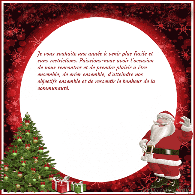 Carte postale avec le Père Noël et ses cadeaux Je vous souhaite une année à venir plus facile et Carte postale avec le Père Noël et ses cadeaux