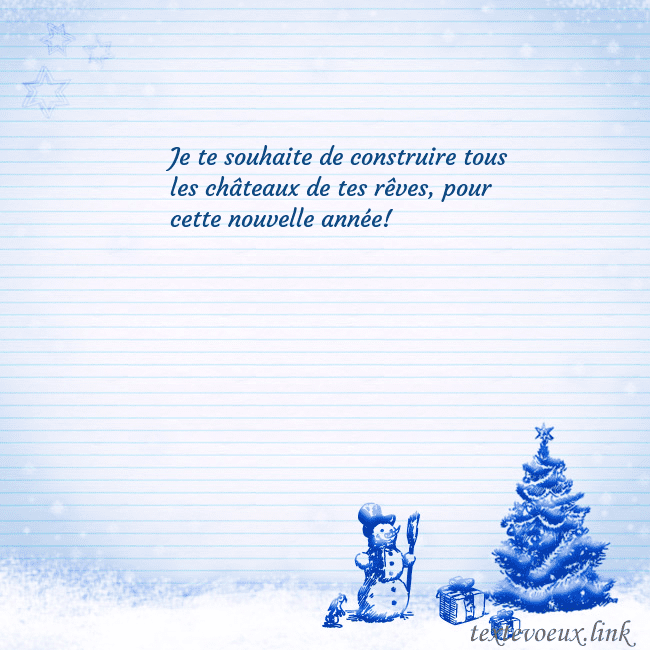 Carte postale du Nouvel An avec un arbre de Noël bleu et un bonhomme de neige