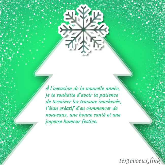 Carte postale avec un grand sapin de Noël blanc sur fond vert À l’occasion de la nouvelle année, je te souhaite Carte postale avec un grand sapin de Noël blanc sur fond vert