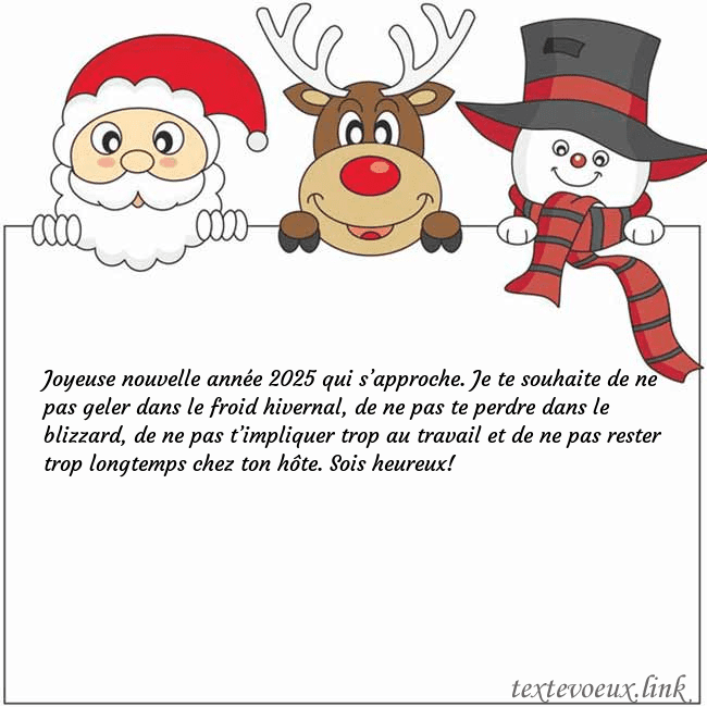 Carte de vœux avec le père Noël, le cerf et le bonhomme de neige Joyeuse nouvelle année 2026 qui s’approche. Je te Carte de vœux avec le père Noël, le cerf et le bonhomme de neige
