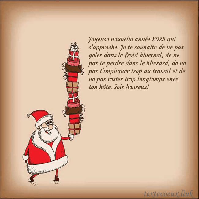 Carte de vœux avec le Père Noël et les cadeaux Joyeuse nouvelle année 2026 qui s’approche. Je te Carte de vœux avec le Père Noël et les cadeaux