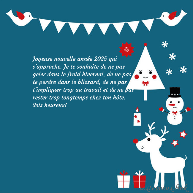 Carte postale du nouvel an avec élan, bonhomme de neige et arbre de Noël Joyeuse nouvelle année 2026 qui s’approche. Je te Carte postale du nouvel an avec élan, bonhomme de neige et arbre de Noël