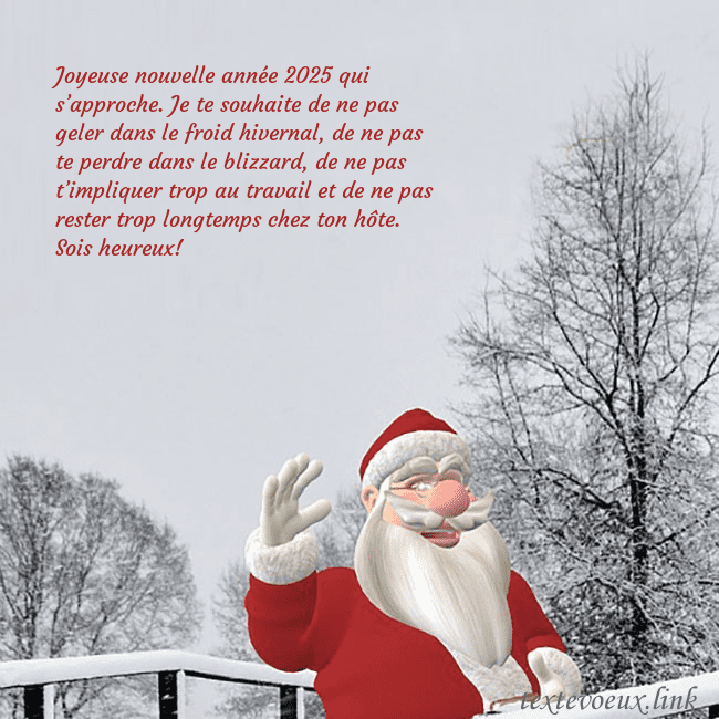 Carte postale avec le Père Noël et les arbres enneigés Joyeuse nouvelle année 2026 qui s’approche. Je te Carte postale avec le Père Noël et les arbres enneigés