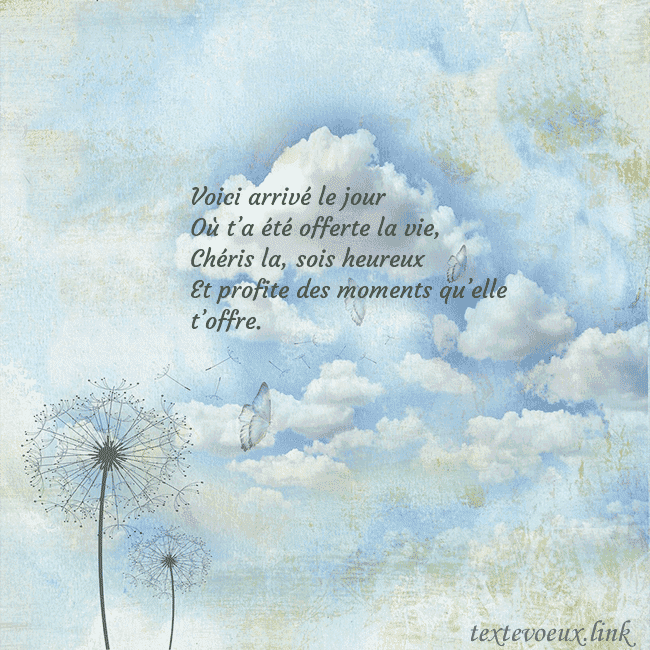 Carte de voeux avec nuages, duvet de pissenlit et papillon
