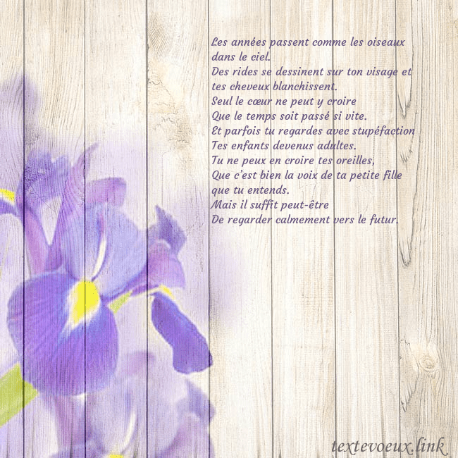 Carte d'anniversaire avec des iris Les années passent comme les oiseaux dans le ciel. Carte d'anniversaire avec des iris