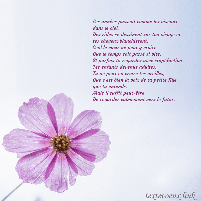 Carte électronique avec fleur violette Les années passent comme les oiseaux dans le ciel. Carte électronique avec fleur violette