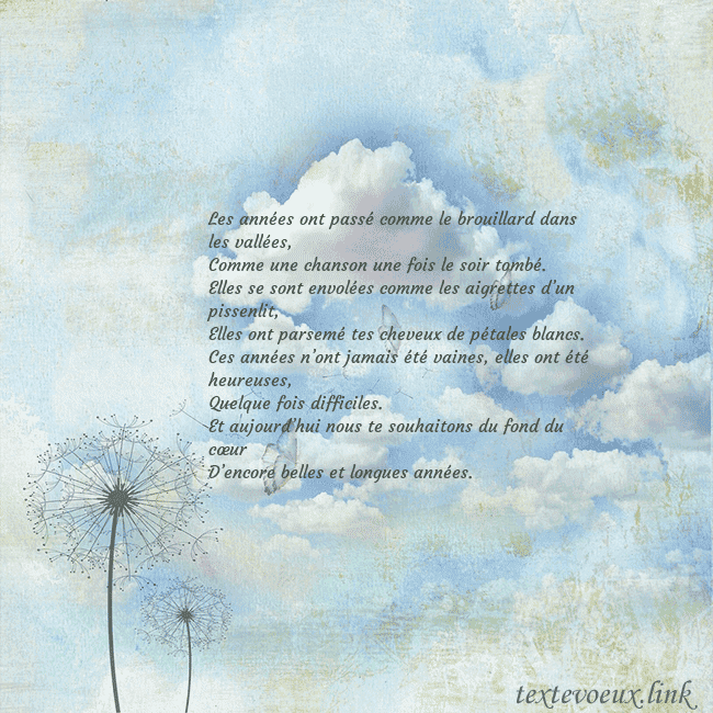 Carte de voeux avec nuages, duvet de pissenlit et papillon