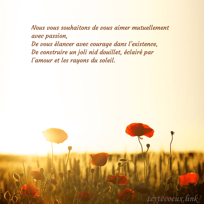 Carte postale électronique avec soleil et champ de coquelicots Nous vous souhaitons de vous aimer mutuellement av Carte postale électronique avec soleil et champ de coquelicots