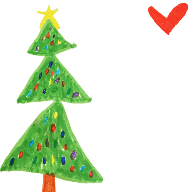 Cartes de Noël Carte de vœux avec un arbre de Noël peint et un coeur